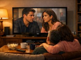 Ver series y películas hoy: lo que empieza a incomodar Matrimonio sentado en la sala de su casa mirando una televisión, con tazas de café y palomitas sobre la mesa, en un ambiente cálido y reflexivo.