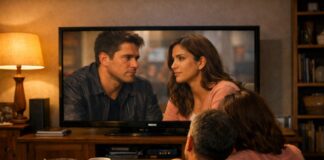 Ver series y películas hoy: lo que empieza a incomodar Matrimonio sentado en la sala de su casa mirando una televisión, con tazas de café y palomitas sobre la mesa, en un ambiente cálido y reflexivo.