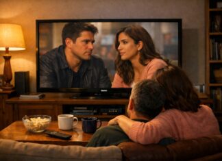 Ver series y películas hoy: lo que empieza a incomodar Matrimonio sentado en la sala de su casa mirando una televisión, con tazas de café y palomitas sobre la mesa, en un ambiente cálido y reflexivo.