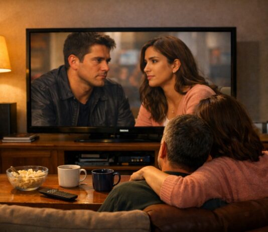 Ver series y películas hoy: lo que empieza a incomodar Matrimonio sentado en la sala de su casa mirando una televisión, con tazas de café y palomitas sobre la mesa, en un ambiente cálido y reflexivo.