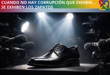 Cuando la crítica se queda sin corrupción, se refugia en los zapatos Zapato elegante negro bajo reflectores y cámaras de medios de comunicación, simbolizando el escrutinio mediático sobre detalles menores en la política.