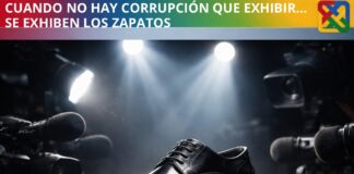 Cuando la crítica se queda sin corrupción, se refugia en los zapatos Zapato elegante negro bajo reflectores y cámaras de medios de comunicación, simbolizando el escrutinio mediático sobre detalles menores en la política.