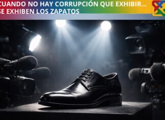 Cuando la crítica se queda sin corrupción, se refugia en los zapatos Zapato elegante negro bajo reflectores y cámaras de medios de comunicación, simbolizando el escrutinio mediático sobre detalles menores en la política.