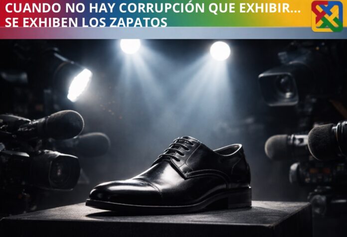 Zapato elegante negro bajo reflectores y cámaras de medios de comunicación, simbolizando el escrutinio mediático sobre detalles menores en la política.