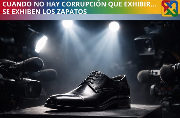 Cuando la crítica se queda sin corrupción, se refugia en los zapatos Zapato elegante negro bajo reflectores y cámaras de medios de comunicación, simbolizando el escrutinio mediático sobre detalles menores en la política.