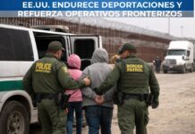 EE.UU. aprieta a México: más deportaciones y presión por fentanilo Agentes de Border Patrol custodian y trasladan a migrantes detenidos cerca del muro fronterizo entre Estados Unidos y México durante un operativo de control migratorio.