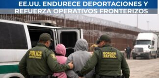 EE.UU. aprieta a México: más deportaciones y presión por fentanilo Agentes de Border Patrol custodian y trasladan a migrantes detenidos cerca del muro fronterizo entre Estados Unidos y México durante un operativo de control migratorio.