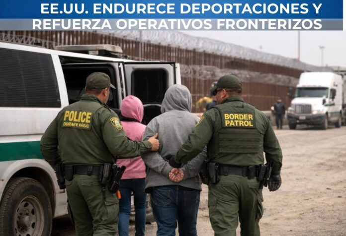 Agentes de Border Patrol custodian y trasladan a migrantes detenidos cerca del muro fronterizo entre Estados Unidos y México durante un operativo de control migratorio.