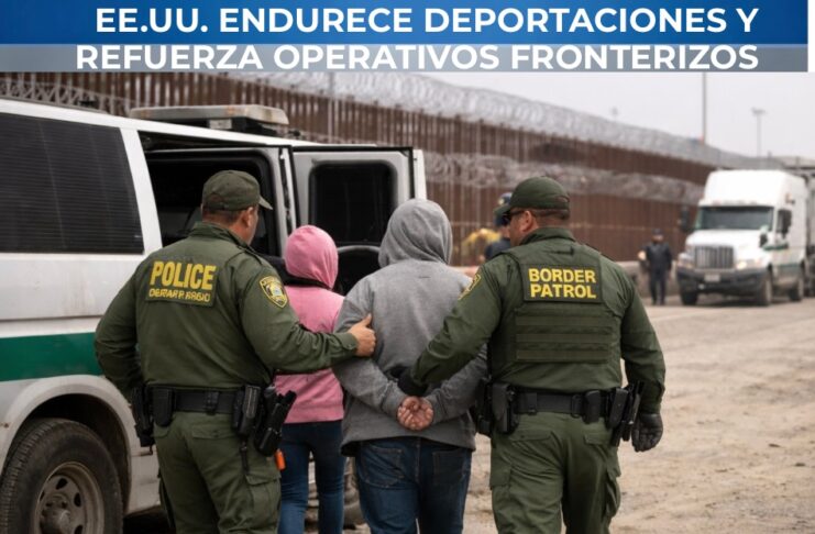 EE.UU. aprieta a México: más deportaciones y presión por fentanilo Agentes de Border Patrol custodian y trasladan a migrantes detenidos cerca del muro fronterizo entre Estados Unidos y México durante un operativo de control migratorio.