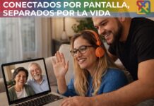 La familia sigue siendo amada… pero ya no organiza la vida Pareja joven conversa por videollamada con sus padres desde casa, reflejando cercanía afectiva pese a la distancia física entre generaciones.