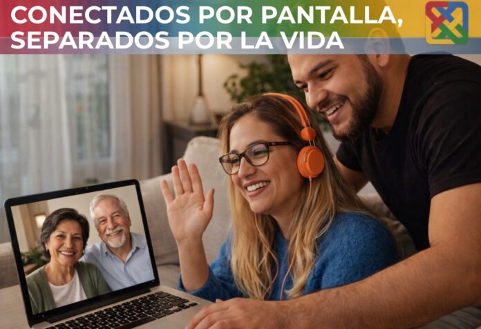 Pareja joven conversa por videollamada con sus padres desde casa, reflejando cercanía afectiva pese a la distancia física entre generaciones.