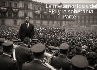 El PRI preneoliberal: autoritarismo con conciencia de Estado (1938–1982) Acto cívico masivo en el Zócalo de la Ciudad de México durante el siglo XX, con el Palacio Nacional al fondo y símbolos del Estado mexicano.