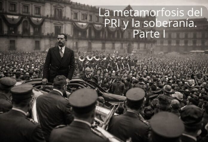 Acto cívico masivo en el Zócalo de la Ciudad de México durante el siglo XX, con el Palacio Nacional al fondo y símbolos del Estado mexicano.