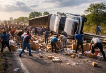 Tragedias que se vuelven botín: rapiña tras volcadura reabre debate social en carreteras mexicanas Ilustración conceptual de un tráiler volcado en carretera mientras varias personas recogen mercancía dispersa tras el accidente.