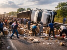 Tragedias que se vuelven botín: rapiña tras volcadura reabre debate social en carreteras mexicanas Ilustración conceptual de un tráiler volcado en carretera mientras varias personas recogen mercancía dispersa tras el accidente.