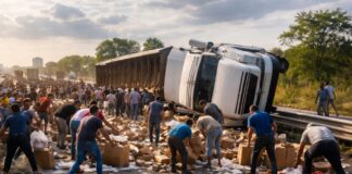 Tragedias que se vuelven botín: rapiña tras volcadura reabre debate social en carreteras mexicanas Ilustración conceptual de un tráiler volcado en carretera mientras varias personas recogen mercancía dispersa tras el accidente.