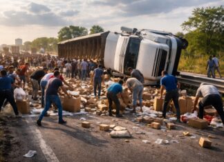 Tragedias que se vuelven botín: rapiña tras volcadura reabre debate social en carreteras mexicanas Ilustración conceptual de un tráiler volcado en carretera mientras varias personas recogen mercancía dispersa tras el accidente.