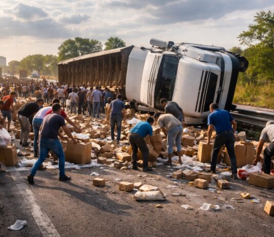 Tragedias que se vuelven botín: rapiña tras volcadura reabre debate social en carreteras mexicanas Ilustración conceptual de un tráiler volcado en carretera mientras varias personas recogen mercancía dispersa tras el accidente.