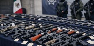 El flujo de armas: una responsabilidad compartida Mesa institucional con armas largas y cortas decomisadas alineadas como evidencia oficial durante una presentación de autoridades de seguridad en México.
