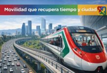 El Tren El Insurgente inicia operaciones completas: una apuesta necesaria por la movilidad moderna Tren interurbano El Insurgente en operación, con pasajeros a bordo, avanzando sobre un viaducto elevado junto a una autopista congestionada entre Toluca y Ciudad de México.
