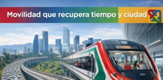 El Tren El Insurgente inicia operaciones completas: una apuesta necesaria por la movilidad moderna Tren interurbano El Insurgente en operación, con pasajeros a bordo, avanzando sobre un viaducto elevado junto a una autopista congestionada entre Toluca y Ciudad de México.