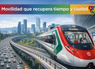 El Tren El Insurgente inicia operaciones completas: una apuesta necesaria por la movilidad moderna Tren interurbano El Insurgente en operación, con pasajeros a bordo, avanzando sobre un viaducto elevado junto a una autopista congestionada entre Toluca y Ciudad de México.