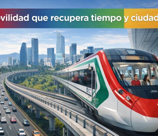 El Tren El Insurgente inicia operaciones completas: una apuesta necesaria por la movilidad moderna Tren interurbano El Insurgente en operación, con pasajeros a bordo, avanzando sobre un viaducto elevado junto a una autopista congestionada entre Toluca y Ciudad de México.