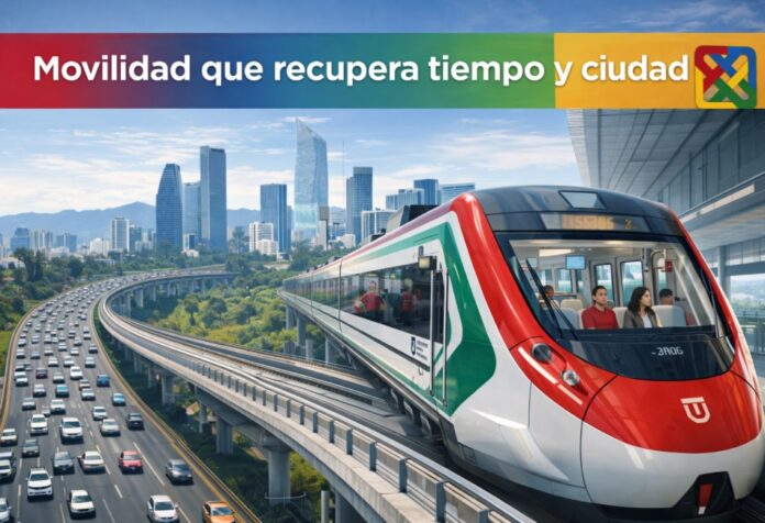 Tren El Insurgente Tren interurbano El Insurgente en operación, con pasajeros a bordo, avanzando sobre un viaducto elevado junto a una autopista congestionada entre Toluca y Ciudad de México.