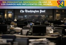 The Washington Post despide a cerca de 300 periodistas en una de las mayores reestructuraciones de su historia Sala de redacción del Washington Post casi vacía, con escritorios, computadoras y documentos en silencio, bajo la iluminación tenue del edificio.