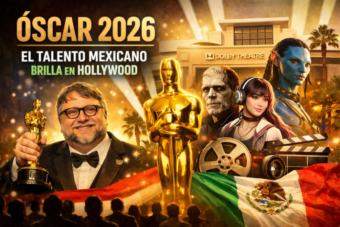 289FD059-0CA3-486A-91FF-2FB0FA33AFD0 Imagen conceptual sobre los Premios Óscar 2026 con la estatuilla dorada al centro, el Dolby Theatre de Hollywood al fondo y elementos que representan la participación del talento mexicano en la industria cinematográfica internacional.