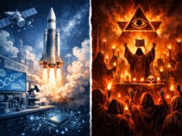 La contradicción estadounidense: cómo la ciencia convive con el fanatismo Ilustración conceptual dividida en dos mitades: a la izquierda un cohete despega desde un entorno científico con satélites, laboratorio y tecnología avanzada; a la derecha un grupo de personas participa en un ritual sectario con túnicas y velas, simbolizando el contraste entre ciencia avanzada y pensamiento fanático dentro de una misma sociedad.