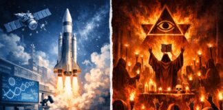 La contradicción estadounidense: cómo la ciencia convive con el fanatismo Ilustración conceptual dividida en dos mitades: a la izquierda un cohete despega desde un entorno científico con satélites, laboratorio y tecnología avanzada; a la derecha un grupo de personas participa en un ritual sectario con túnicas y velas, simbolizando el contraste entre ciencia avanzada y pensamiento fanático dentro de una misma sociedad.