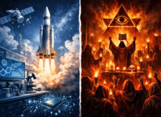 La contradicción estadounidense: cómo la ciencia convive con el fanatismo Ilustración conceptual dividida en dos mitades: a la izquierda un cohete despega desde un entorno científico con satélites, laboratorio y tecnología avanzada; a la derecha un grupo de personas participa en un ritual sectario con túnicas y velas, simbolizando el contraste entre ciencia avanzada y pensamiento fanático dentro de una misma sociedad.