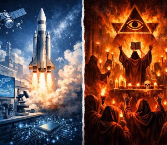La contradicción estadounidense: cómo la ciencia convive con el fanatismo Ilustración conceptual dividida en dos mitades: a la izquierda un cohete despega desde un entorno científico con satélites, laboratorio y tecnología avanzada; a la derecha un grupo de personas participa en un ritual sectario con túnicas y velas, simbolizando el contraste entre ciencia avanzada y pensamiento fanático dentro de una misma sociedad.