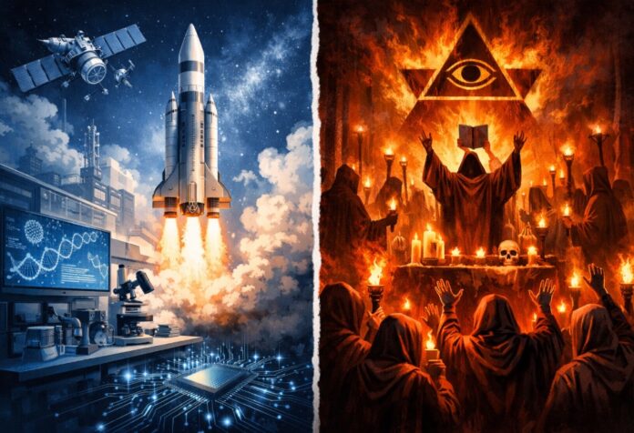 Ilustración conceptual dividida en dos mitades: a la izquierda un cohete despega desde un entorno científico con satélites, laboratorio y tecnología avanzada; a la derecha un grupo de personas participa en un ritual sectario con túnicas y velas, simbolizando el contraste entre ciencia avanzada y pensamiento fanático dentro de una misma sociedad.