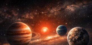El universo rompió su propio orden. El curioso caso del sistema LHS 1903 Ilustración conceptual de un sistema planetario alrededor de una estrella roja donde los planetas no siguen el patrón típico de mundos rocosos cerca de la estrella y gigantes gaseosos en la periferia.