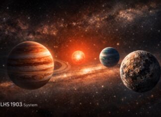 El universo rompió su propio orden. El curioso caso del sistema LHS 1903 Ilustración conceptual de un sistema planetario alrededor de una estrella roja donde los planetas no siguen el patrón típico de mundos rocosos cerca de la estrella y gigantes gaseosos en la periferia.