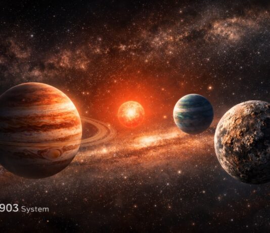 El universo rompió su propio orden. El curioso caso del sistema LHS 1903 Ilustración conceptual de un sistema planetario alrededor de una estrella roja donde los planetas no siguen el patrón típico de mundos rocosos cerca de la estrella y gigantes gaseosos en la periferia.