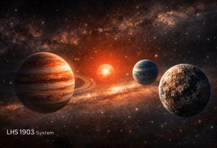 Ilustración conceptual de un sistema planetario alrededor de una estrella roja donde los planetas no siguen el patrón típico de mundos rocosos cerca de la estrella y gigantes gaseosos en la periferia.