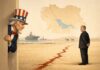 Estados Unidos e Irán: una pausa que revela más de lo que detiene Ilustración conceptual donde Uncle Sam observa con cautela a Masoud Pezeshkian, separados por una grieta en el suelo que simboliza la tensión entre Estados Unidos e Irán en Medio Oriente.