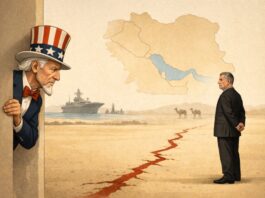 Estados Unidos e Irán: una pausa que revela más de lo que detiene Ilustración conceptual donde Uncle Sam observa con cautela a Masoud Pezeshkian, separados por una grieta en el suelo que simboliza la tensión entre Estados Unidos e Irán en Medio Oriente.