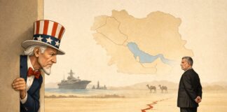 Estados Unidos e Irán: una pausa que revela más de lo que detiene Ilustración conceptual donde Uncle Sam observa con cautela a Masoud Pezeshkian, separados por una grieta en el suelo que simboliza la tensión entre Estados Unidos e Irán en Medio Oriente.