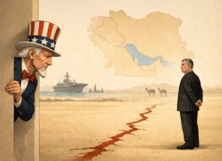 Estados Unidos e Irán: una pausa que revela más de lo que detiene Ilustración conceptual donde Uncle Sam observa con cautela a Masoud Pezeshkian, separados por una grieta en el suelo que simboliza la tensión entre Estados Unidos e Irán en Medio Oriente.