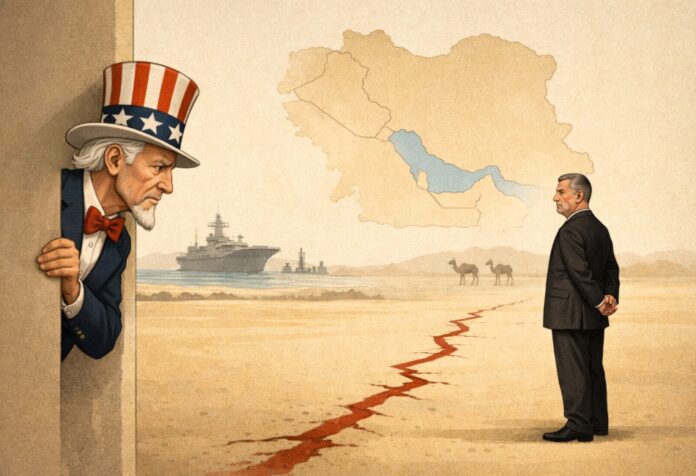 Estados Unidos e Irán Ilustración conceptual donde Uncle Sam observa con cautela a Masoud Pezeshkian, separados por una grieta en el suelo que simboliza la tensión entre Estados Unidos e Irán en Medio Oriente.