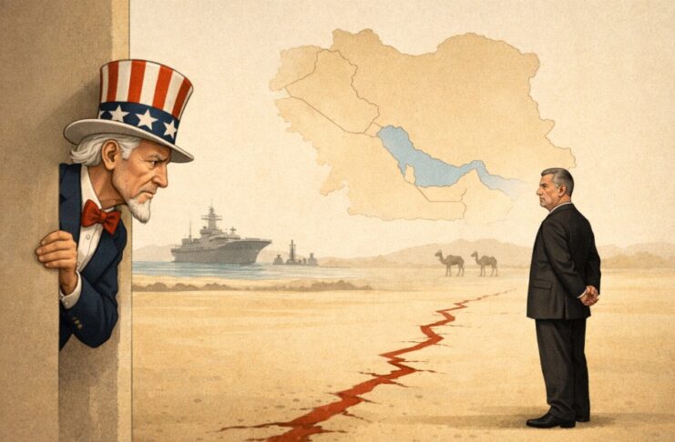 Estados Unidos e Irán: una pausa que revela más de lo que detiene Ilustración conceptual donde Uncle Sam observa con cautela a Masoud Pezeshkian, separados por una grieta en el suelo que simboliza la tensión entre Estados Unidos e Irán en Medio Oriente.