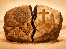 El rey de los españoles reconoce “abusos” en la Conquista. México cuestiona la narrativa histórica Ilustración conceptual de una piedra mesoamericana fracturada que representa la imposición de un orden colonial sobre las civilizaciones originarias.