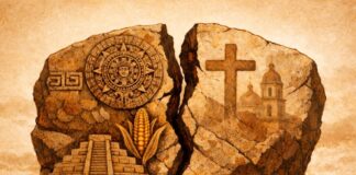 El rey de los españoles reconoce “abusos” en la Conquista. México cuestiona la narrativa histórica Ilustración conceptual de una piedra mesoamericana fracturada que representa la imposición de un orden colonial sobre las civilizaciones originarias.