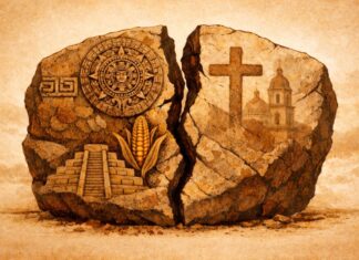El rey de los españoles reconoce “abusos” en la Conquista. México cuestiona la narrativa histórica Ilustración conceptual de una piedra mesoamericana fracturada que representa la imposición de un orden colonial sobre las civilizaciones originarias.