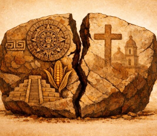 El rey de los españoles reconoce “abusos” en la Conquista. México cuestiona la narrativa histórica Ilustración conceptual de una piedra mesoamericana fracturada que representa la imposición de un orden colonial sobre las civilizaciones originarias.