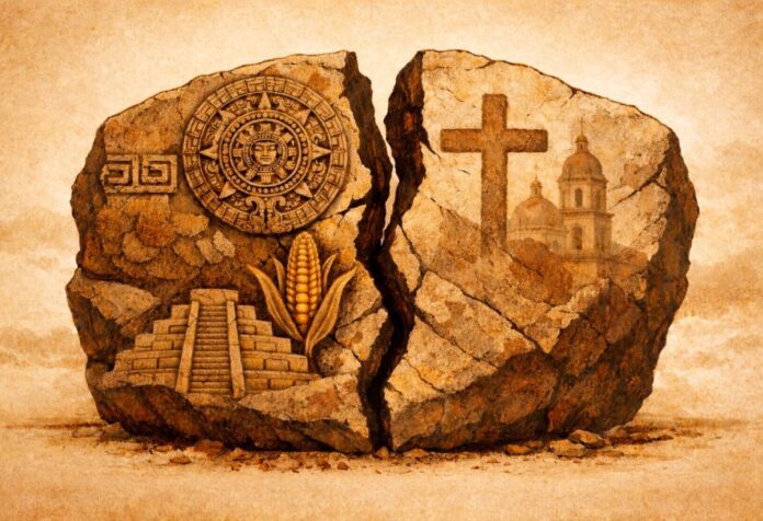 Ilustración conceptual de una piedra mesoamericana fracturada que representa la imposición de un orden colonial sobre las civilizaciones originarias.